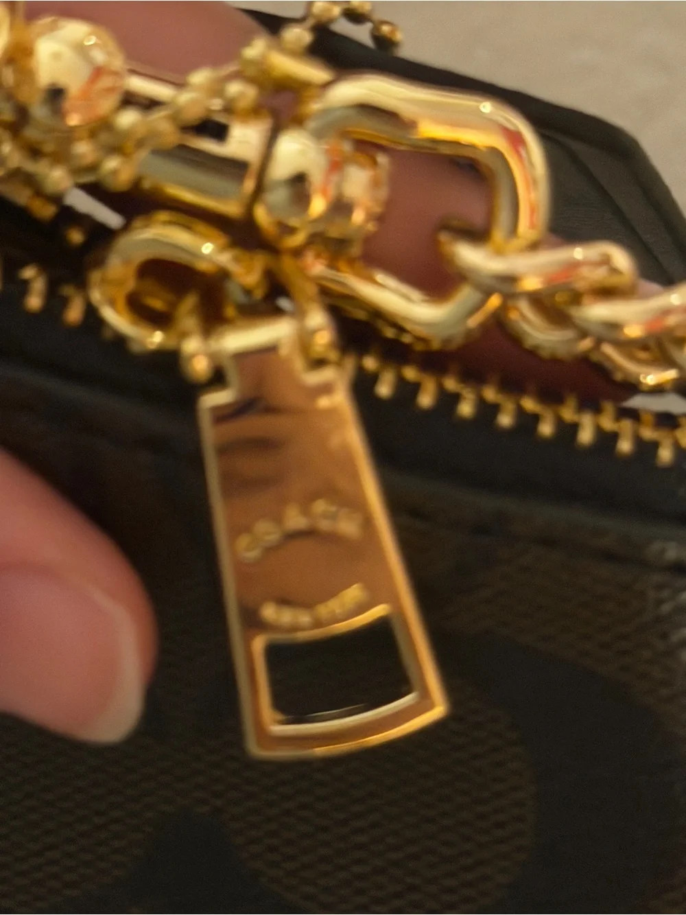 Coach Dark Brown Signature Crescent Shoulder Bag with Gold Hardware